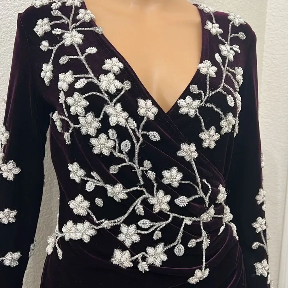 Tadashi Velvet Formal Dress Burgundy VNeck Long Sleeve Gown Vintage Size Medium - Picture 5 of 17
